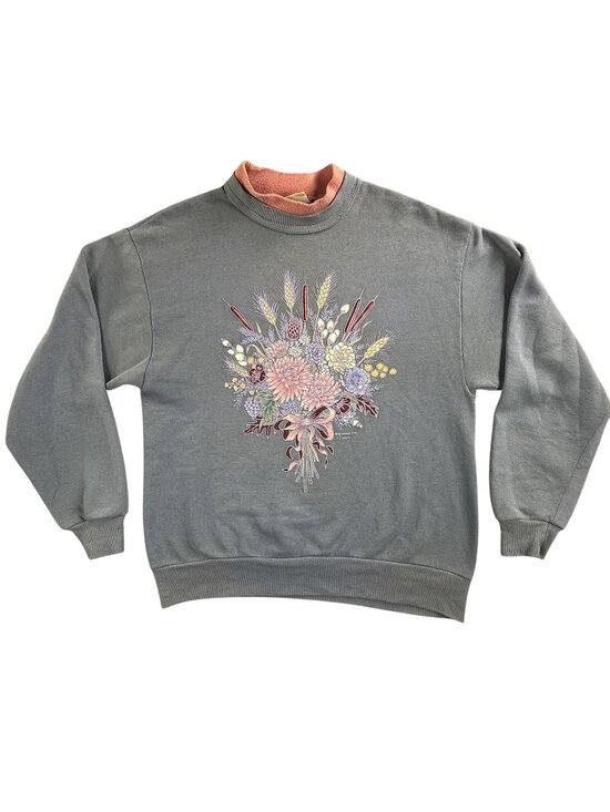 morning sun Tops - Vintage Morning Sun Sweatshirt Womens Medium Blue Floral Mock Neck USA Made 90s